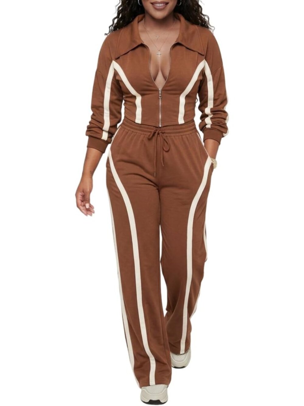 Chic Women's 2-Piece Tracksuit Set - Striped Jacket & Long Pants Outfit